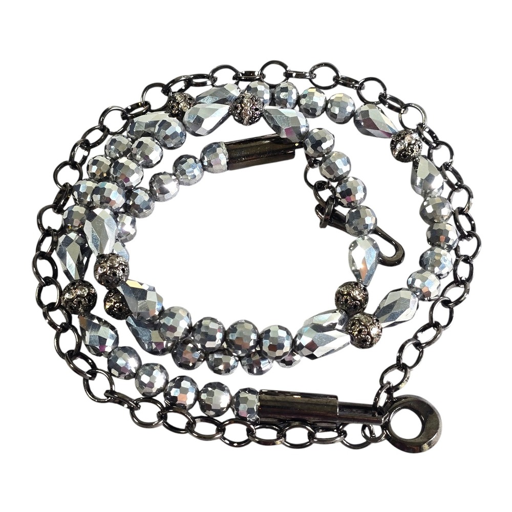 Gunmetal Beaded Chain Belt‎ Silver Faceted Rhinestone Accents Adjustable 47 Inch
